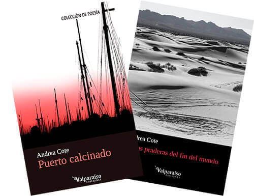 Portadas de los libros de poesía «Puerto calcinado» y «En las praderas del fin del mundo» de Andrea Cote Botero.